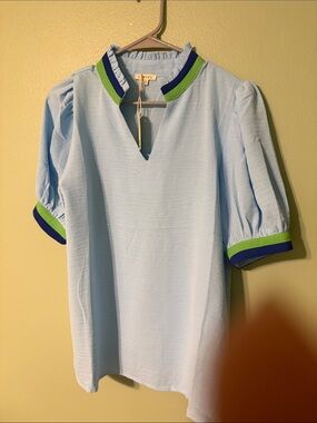 JODIFL Light Blue Top with Green & Navy Trim